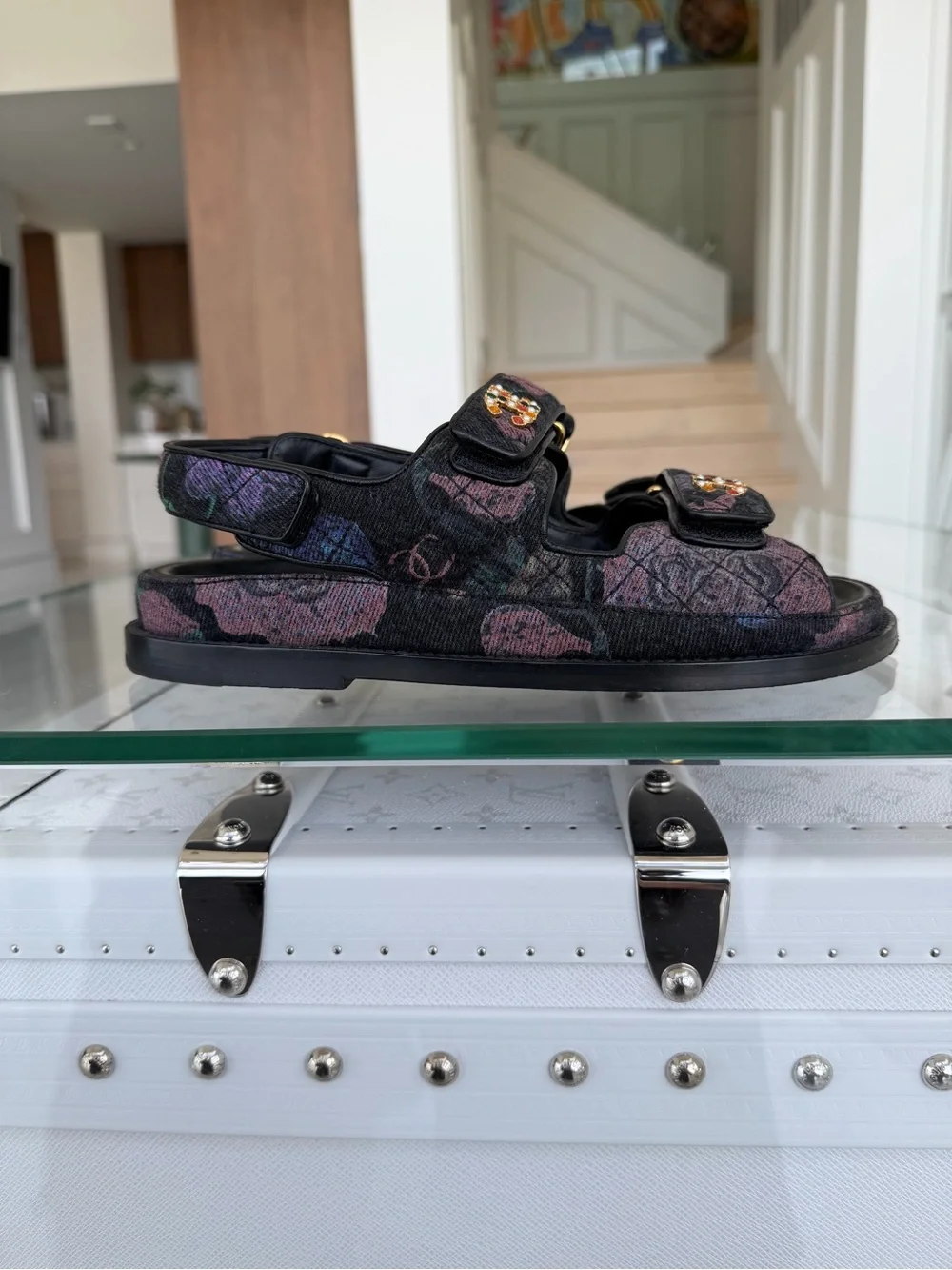 CHANEL 🖤 Interlocking CC Multicolor Denim Dad Sandals Sz 36
